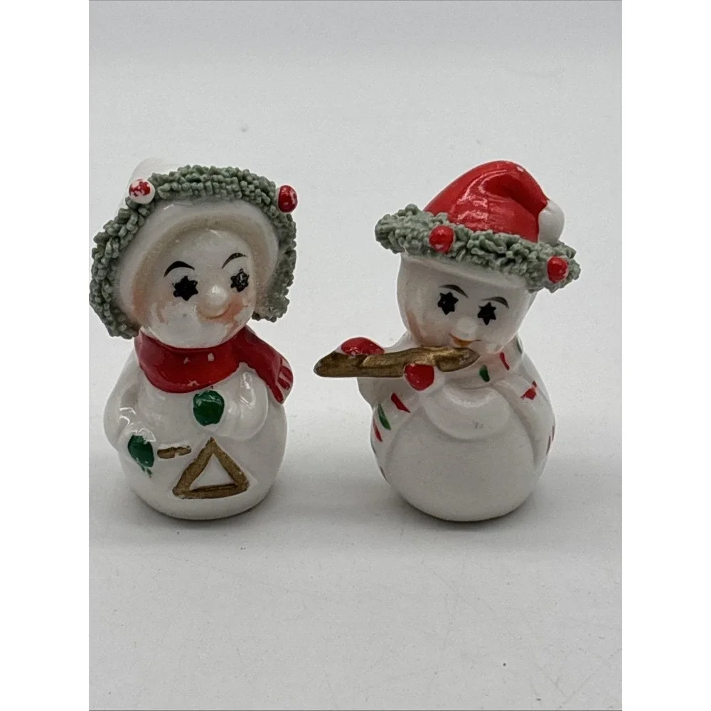 Vintage Christmas Snowmen Couple Spaghetti String 1940s Figurines UCCC Taiwan